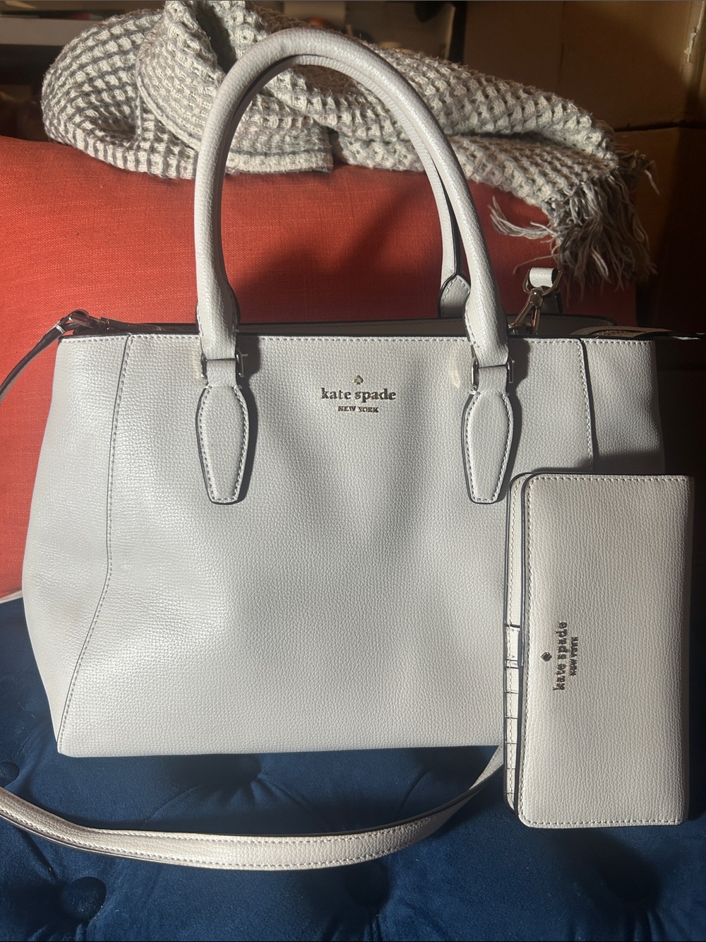 Kate Spade Grey Leather Bag + Matching Wallet